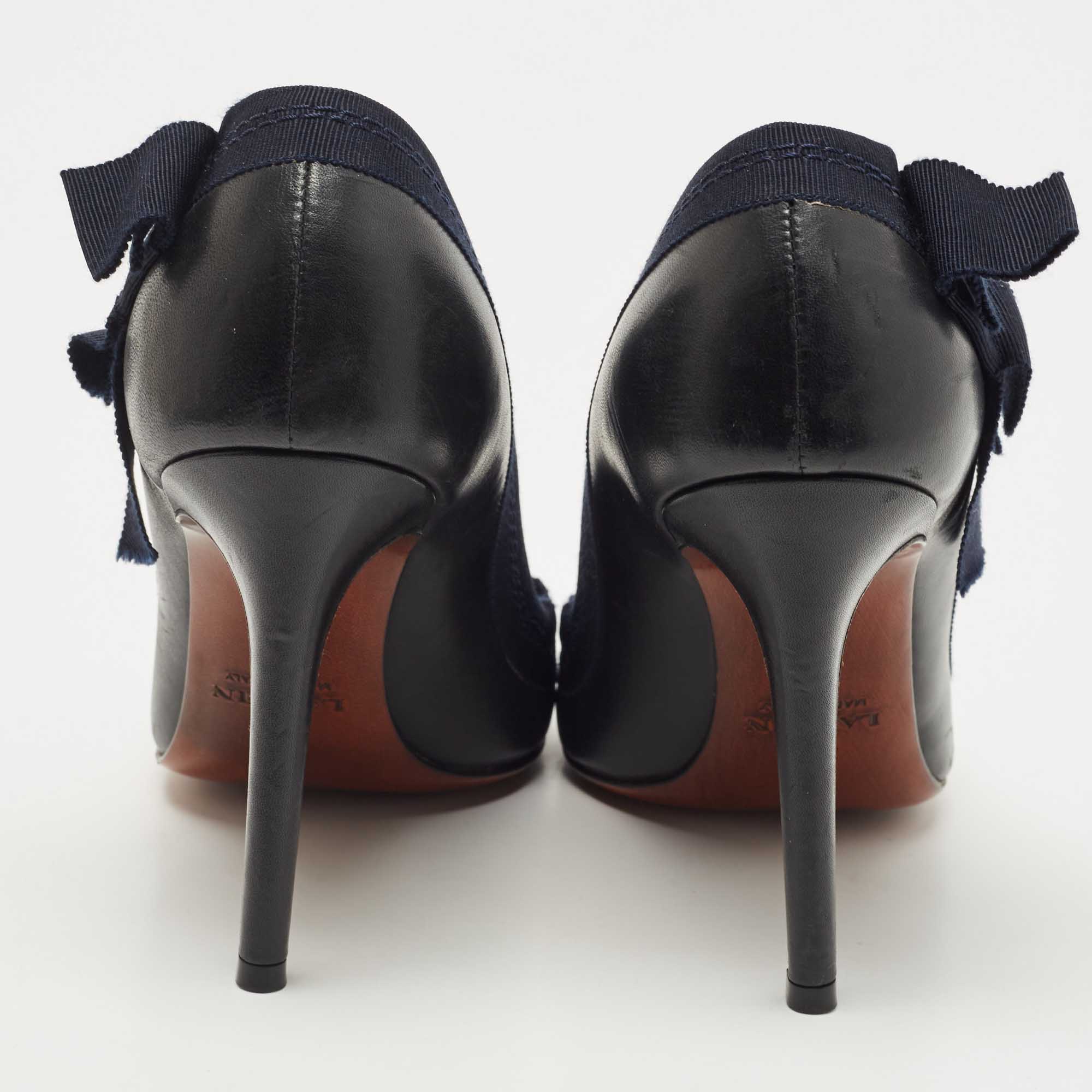 Lanvin Black/Navy Blue Leather And Ribbon Bow Pumps Size 38