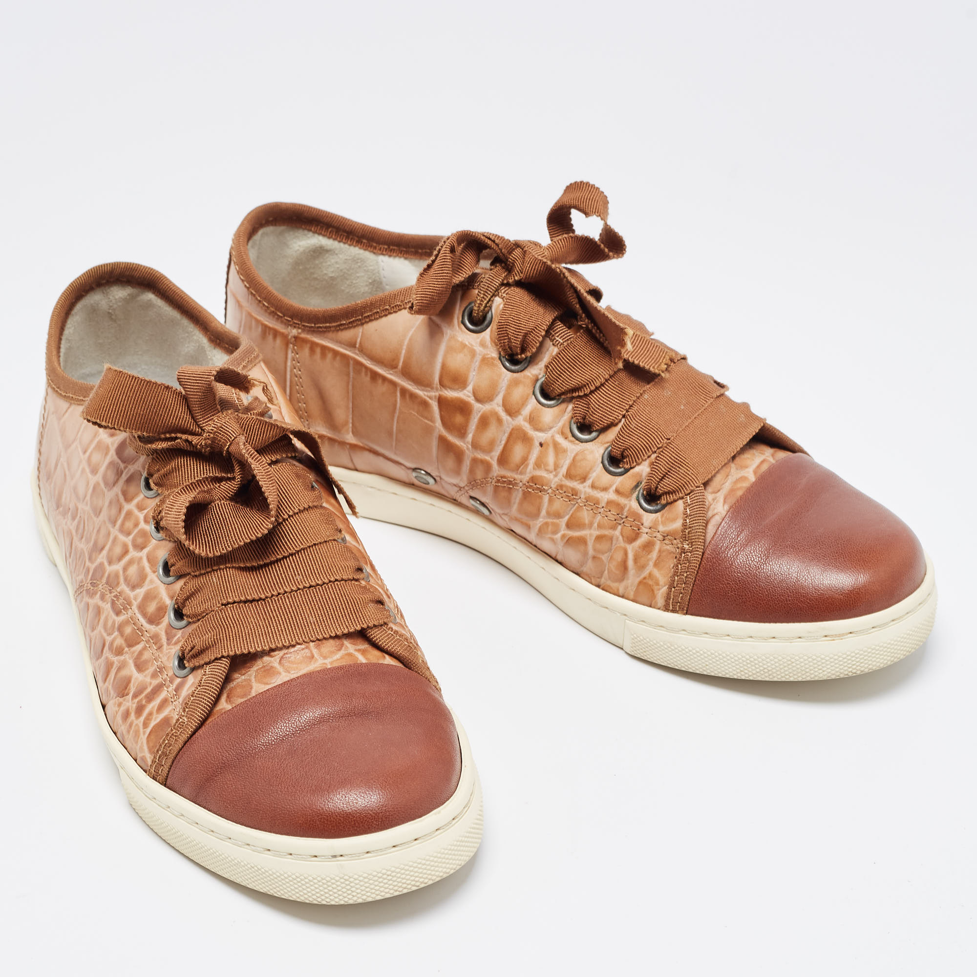 Lanvin Brown Croc Embossed Leather Lace Up Low Top Sneakers Size 36