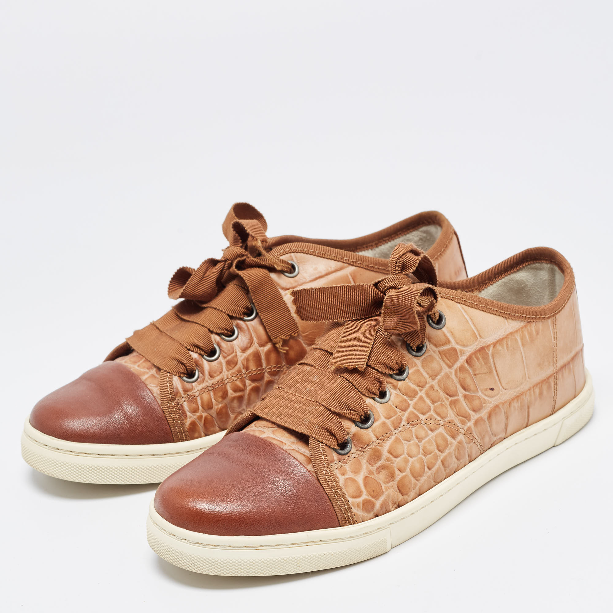 Lanvin Brown Croc Embossed Leather Lace Up Low Top Sneakers Size 36