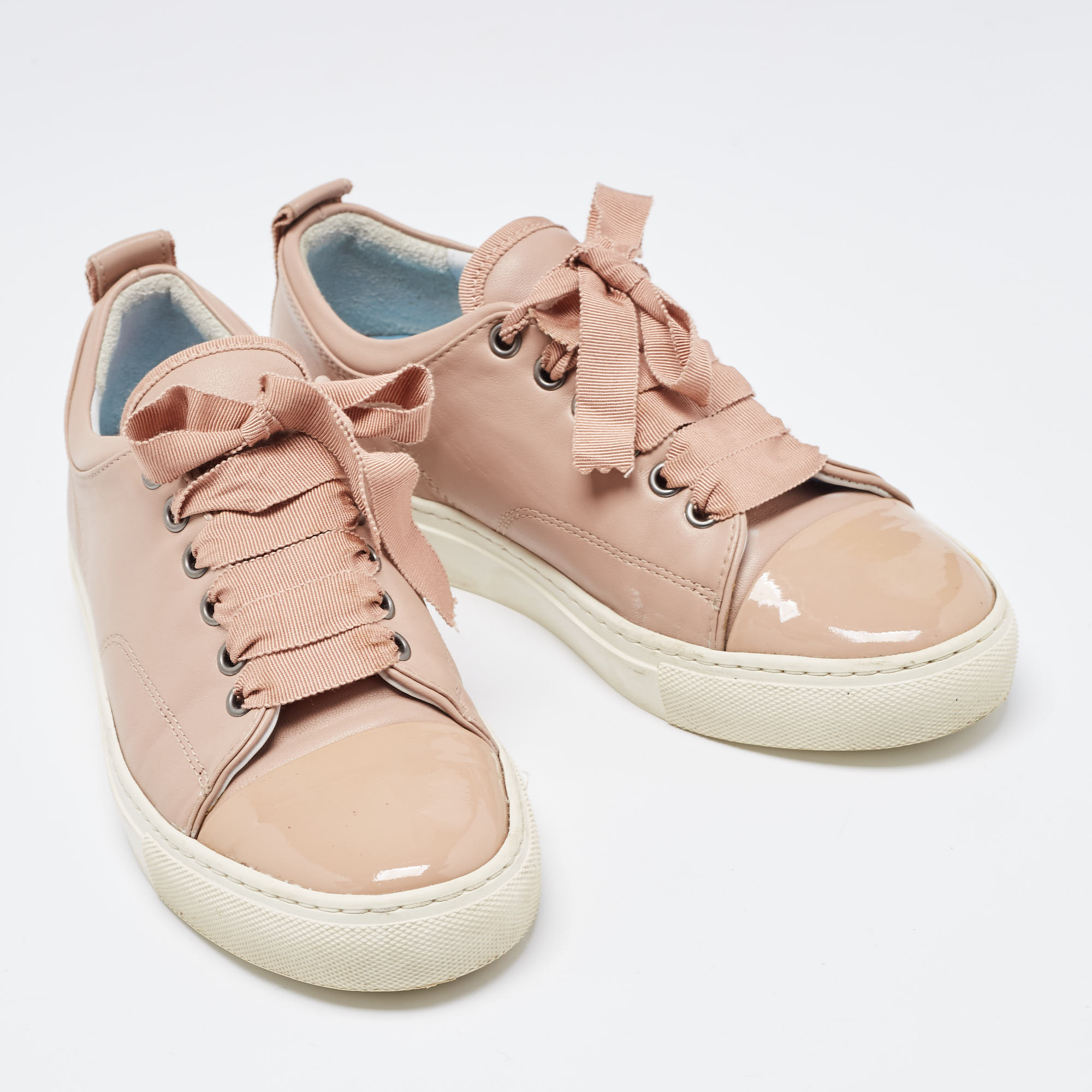 Lanvin Dusty Pink Leather And Patent Cap Toe Low Top Sneakers Size 36