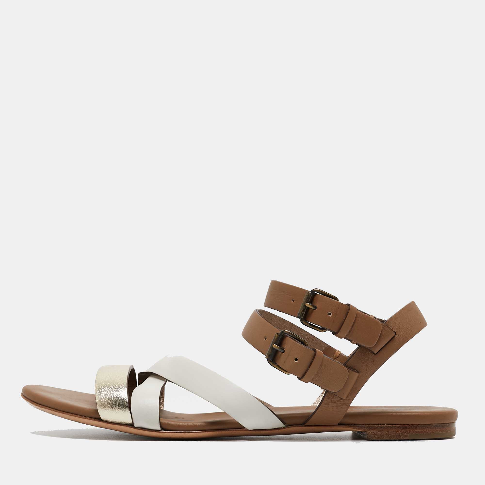 Lanvin Metallic/White Leather Ankle Strap Slide Flats Size 38