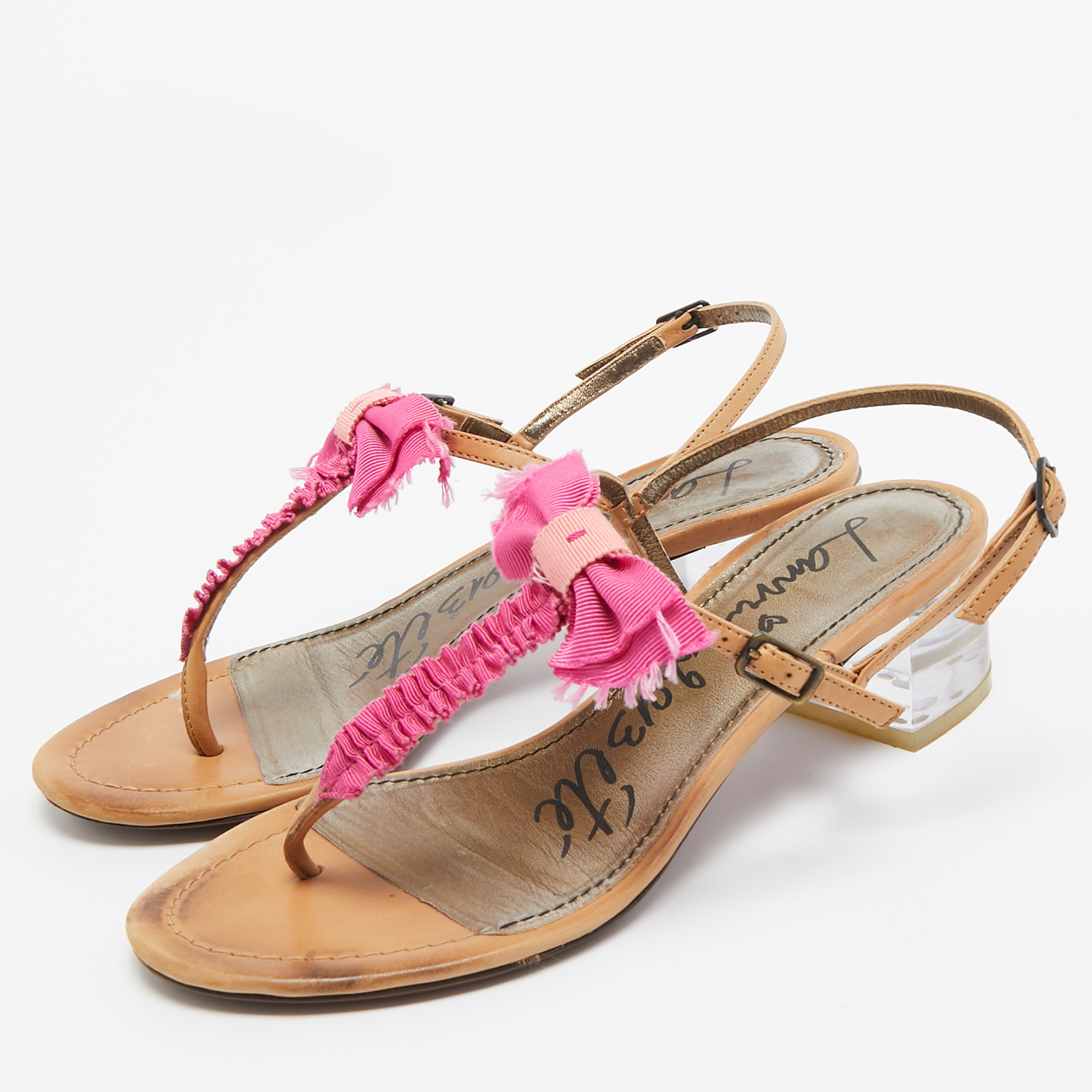 Lanvin Light Brown/Pink Leather And Fabric Bow Thong Ankle Strap Sandals Size 37