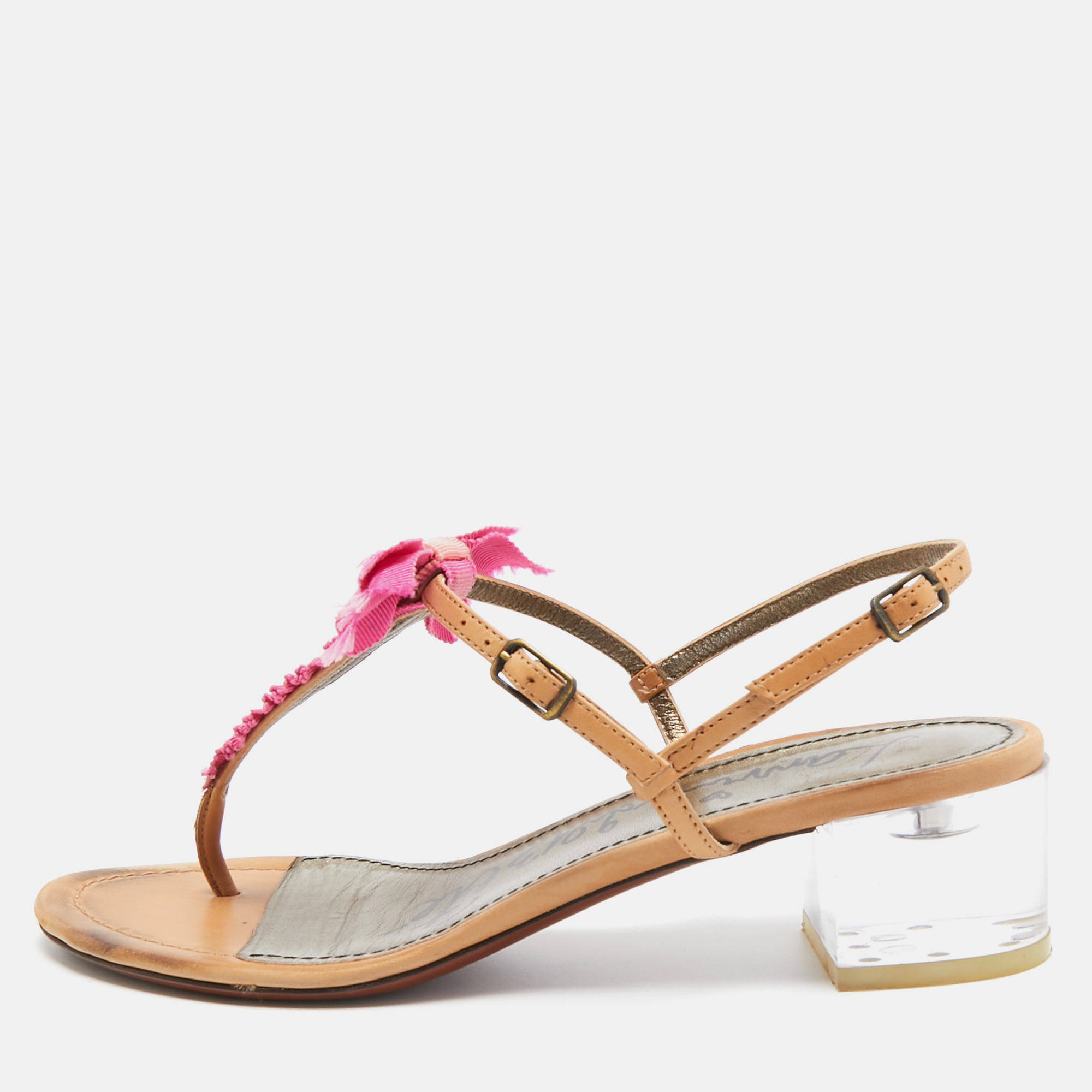 Lanvin light brown/pink leather and fabric bow thong ankle strap sandals size 37