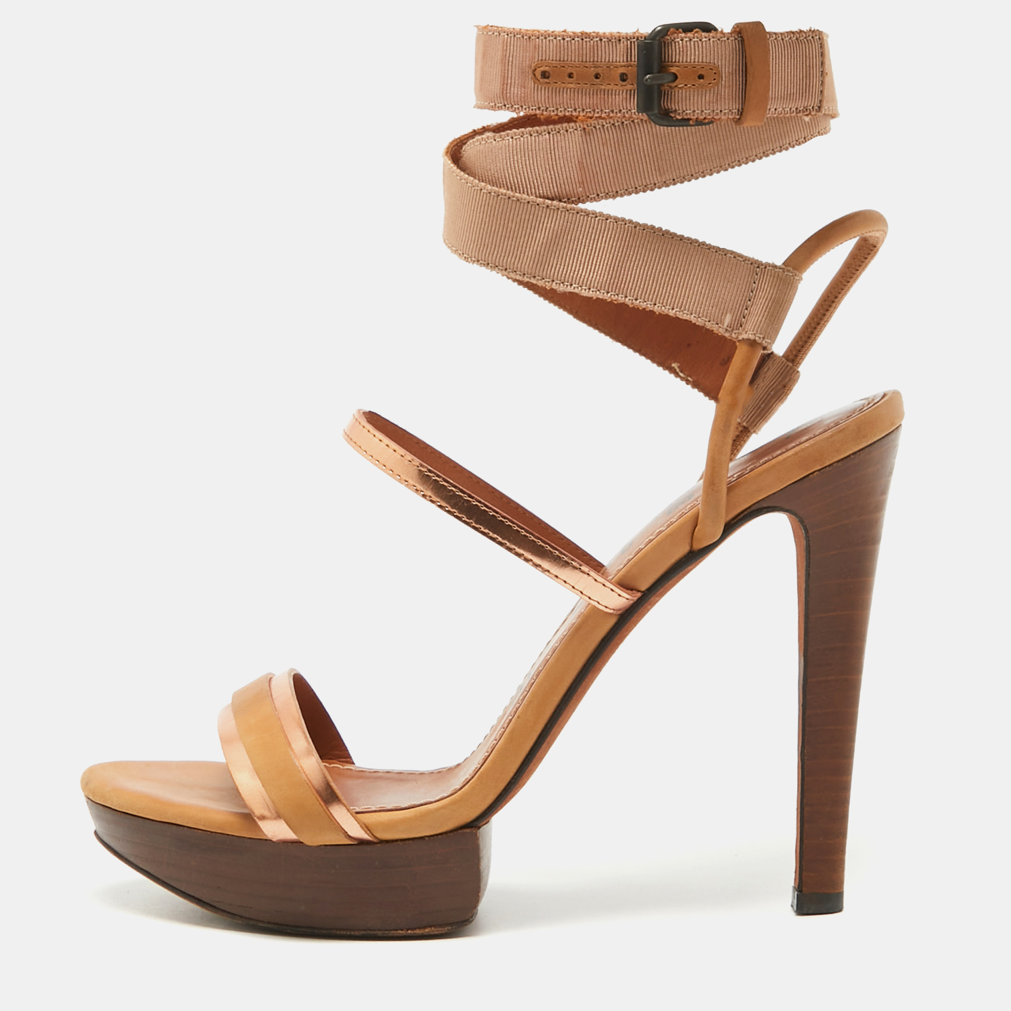 Lanvin brown/metallic leather platform ankle wrap sandals size 38