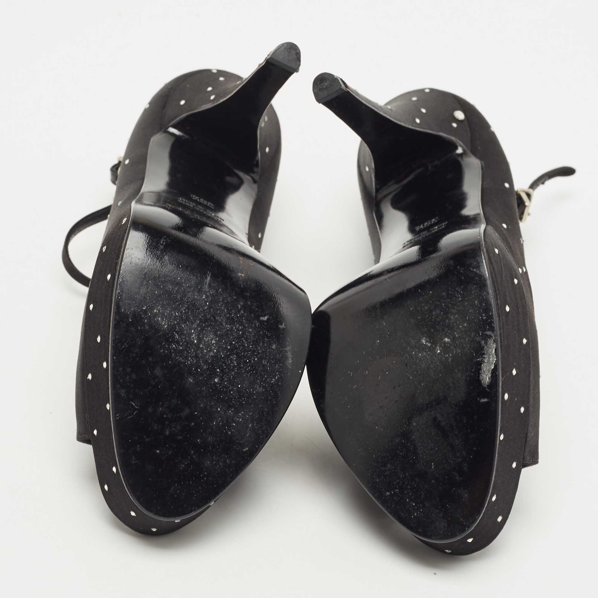 Laurence Dacade Black Satin Crystal Peep Toe  T-Strap Pumps Size 38.5
