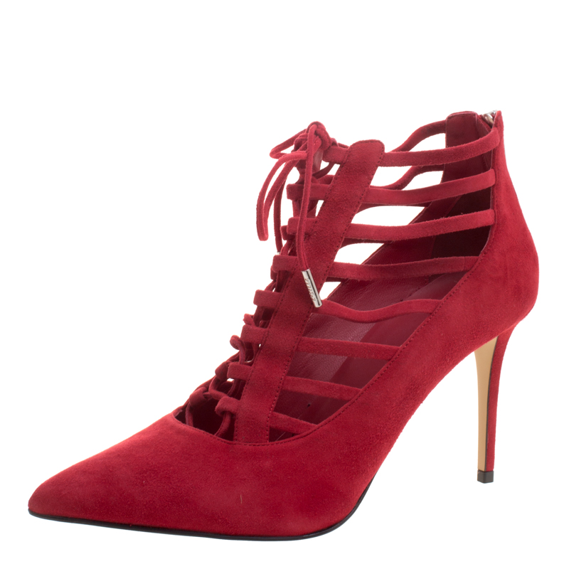 Image of Le Silla Red Suede Caged Lace Up Ankle Boots Size