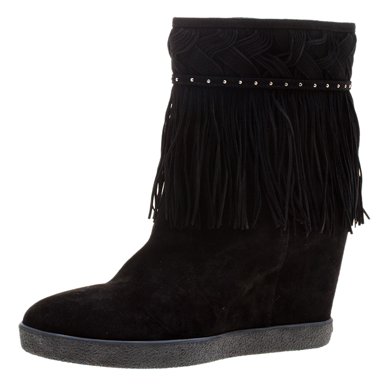 Image of Le Silla Black Suede Concealed Fringed Wedge Boots Size .
