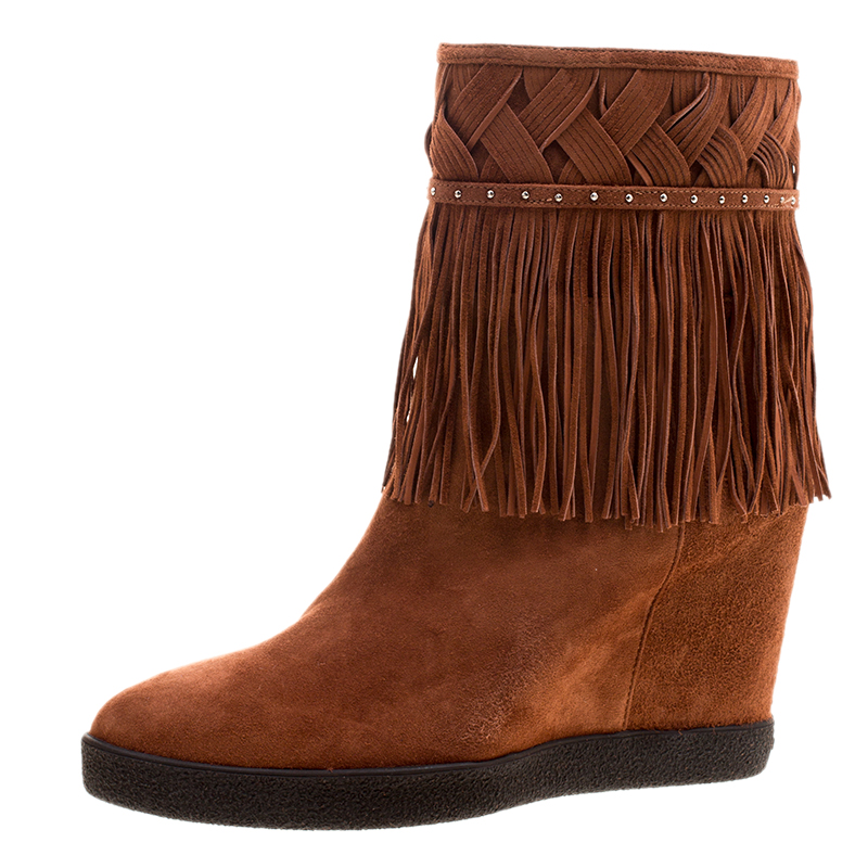 Image of Le Silla Brown Suede Concealed Fringed Wedge Boots Size .