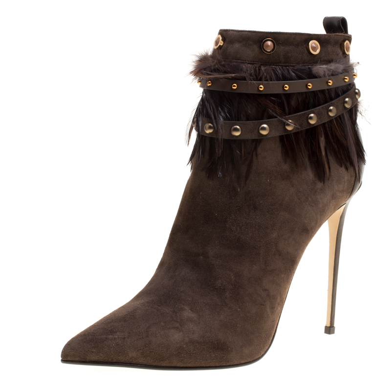 Image of Le Silla Brown Suede Feather Trimmed Pointed Toe Ankle Boots Size