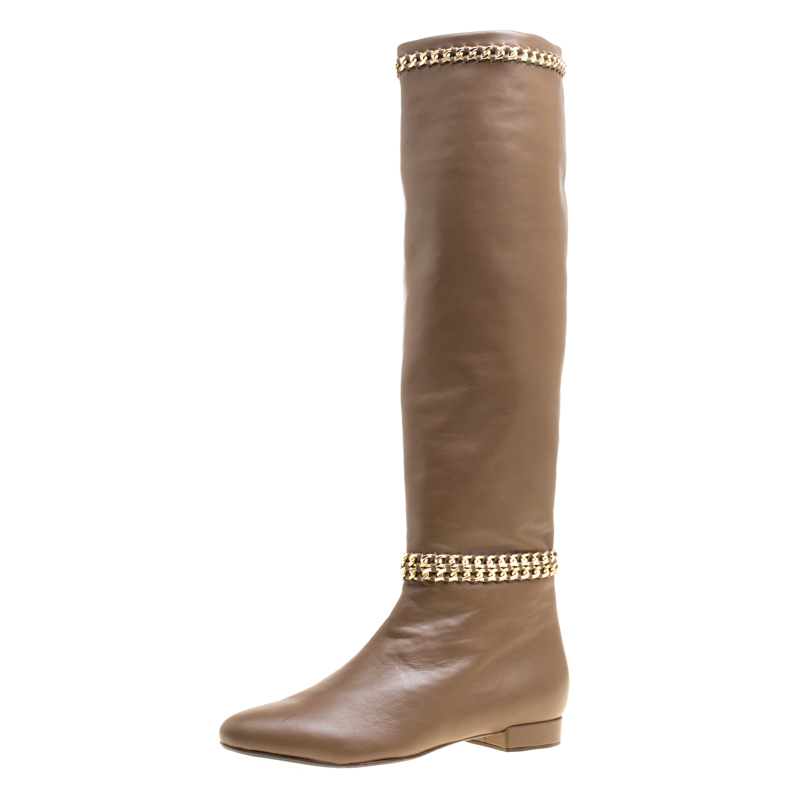 Image of Le Silla Brown Leather Chain Detail Knee High Boots Size