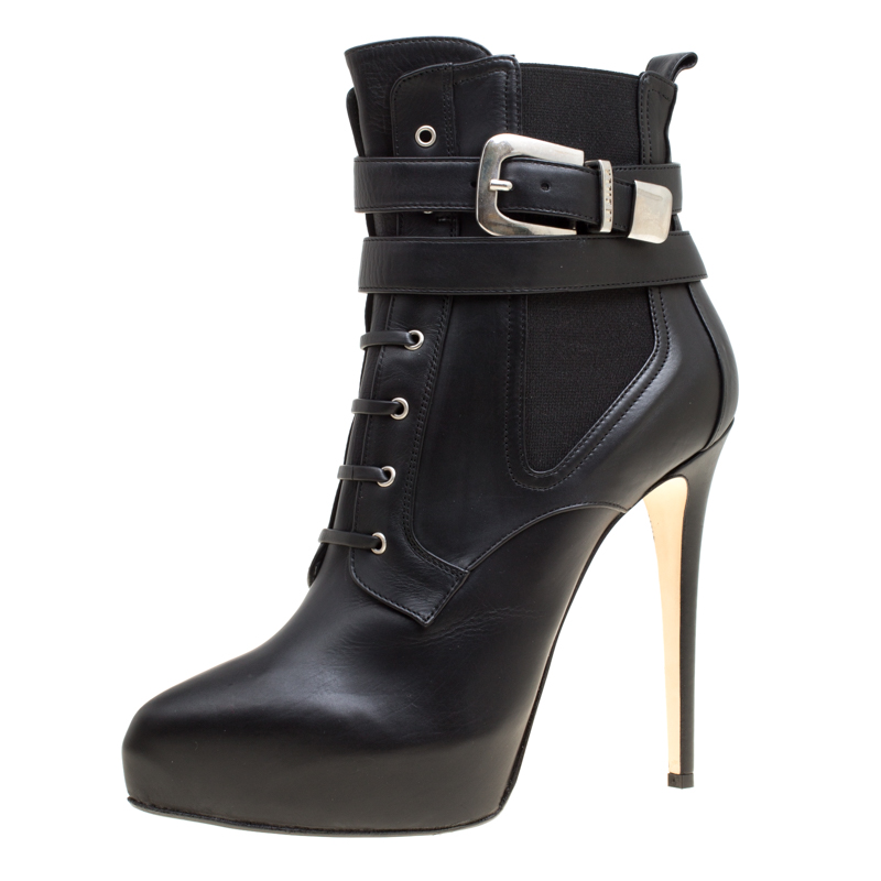 Image of Enio Silla For Le Silla Black Leather Platform Ankle Boots Size