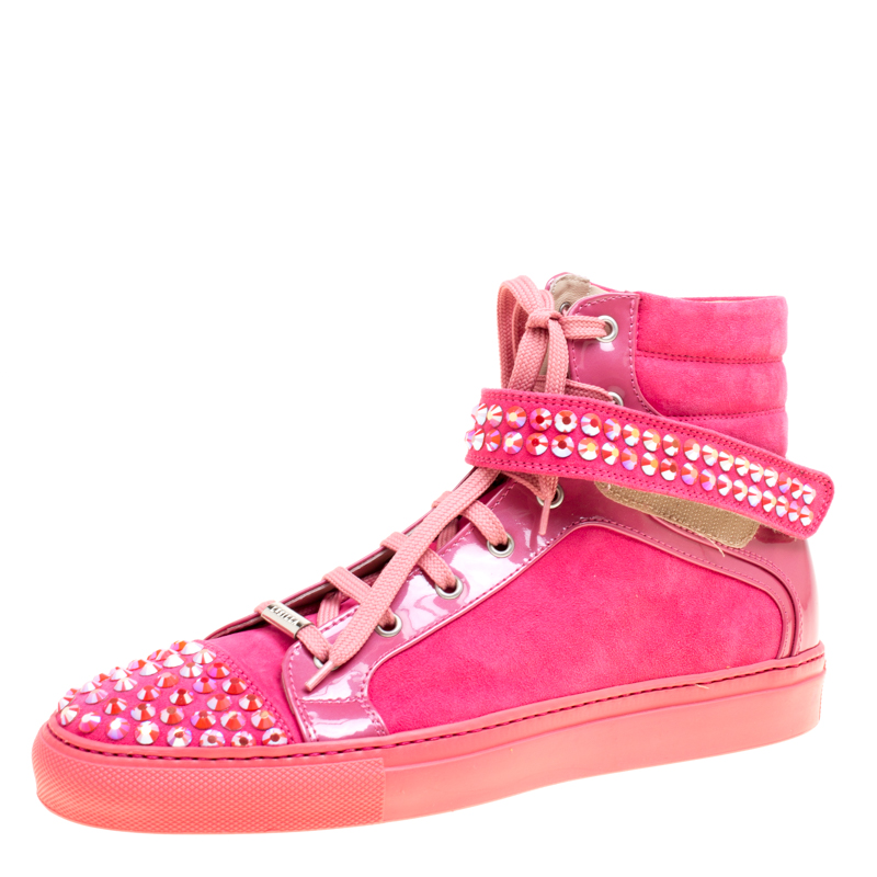Image of Le Silla Pink Suede And Patent Leather Crystal Embellished Cap Toe High Top Sneakers Size