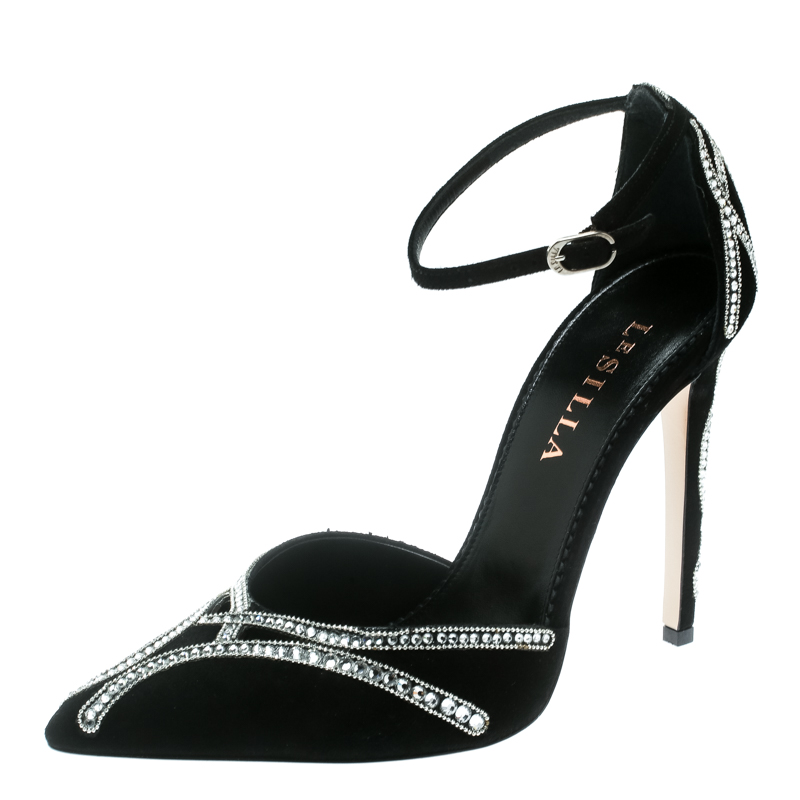 Image of Le Silla Black Suede Crystal Studded Ankle Strap Pointed Toe Sandals Size .