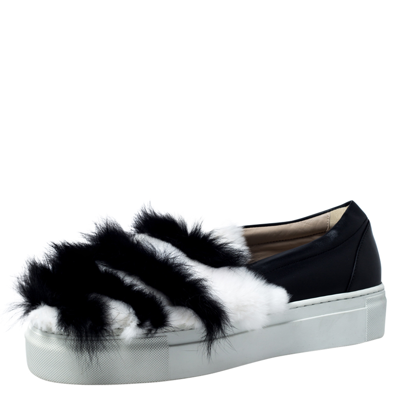 Image of Le Silla Monochrome Leather And Fur Slip On Sneakers Size