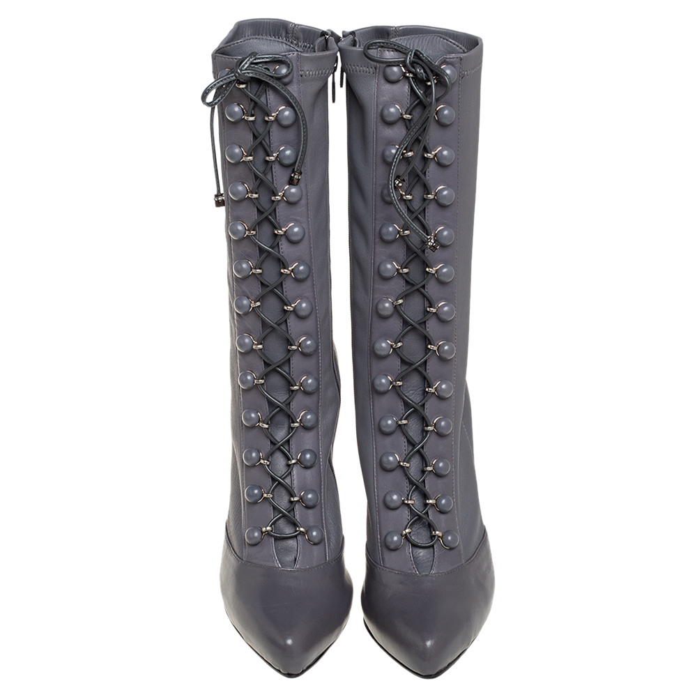 Le Silla  Grey Leather Lace Up Mid Calf Boots Size 40