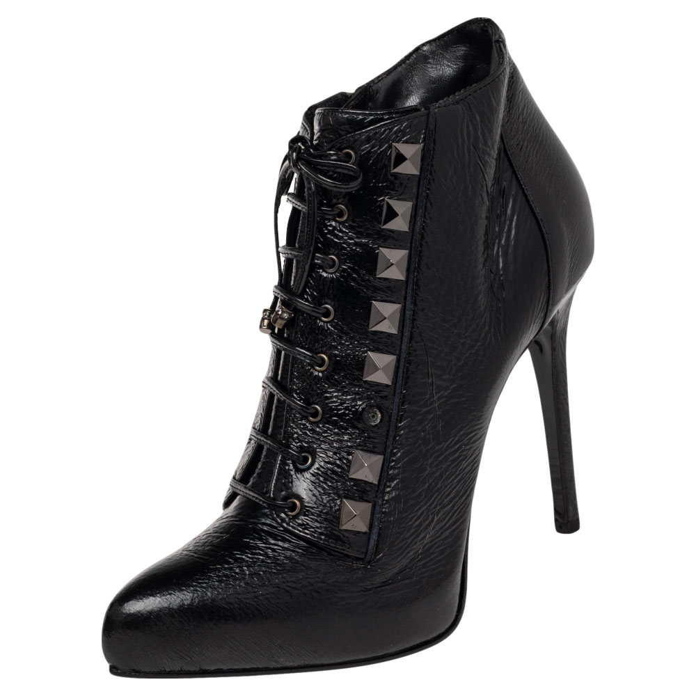 

Le Silla Black Patent Leather Lace Up Studded Ankle Booties Size