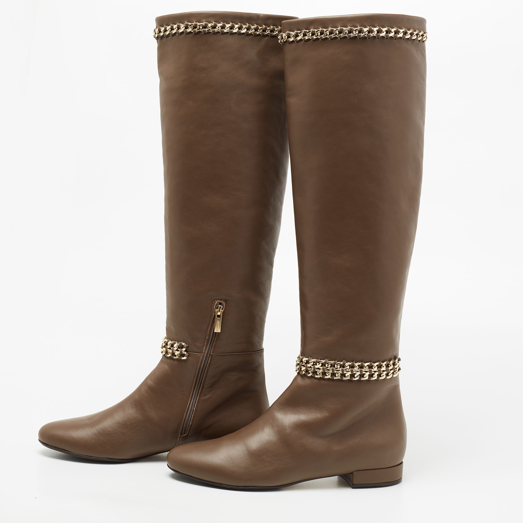 

Le Silla Brown Leather Chain Detail Knee High Boots Size