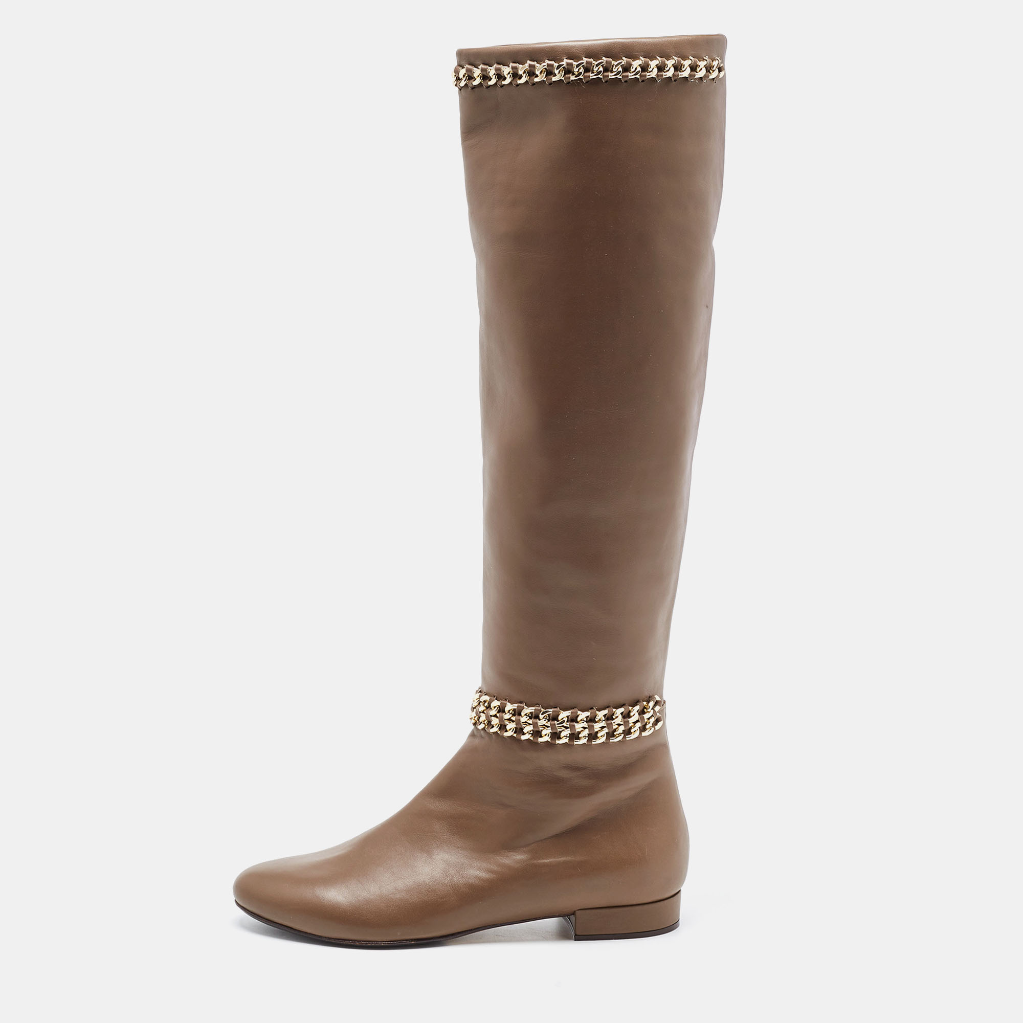 Le Silla Brown Leather Chain Detail Knee Length Boots Size 37
