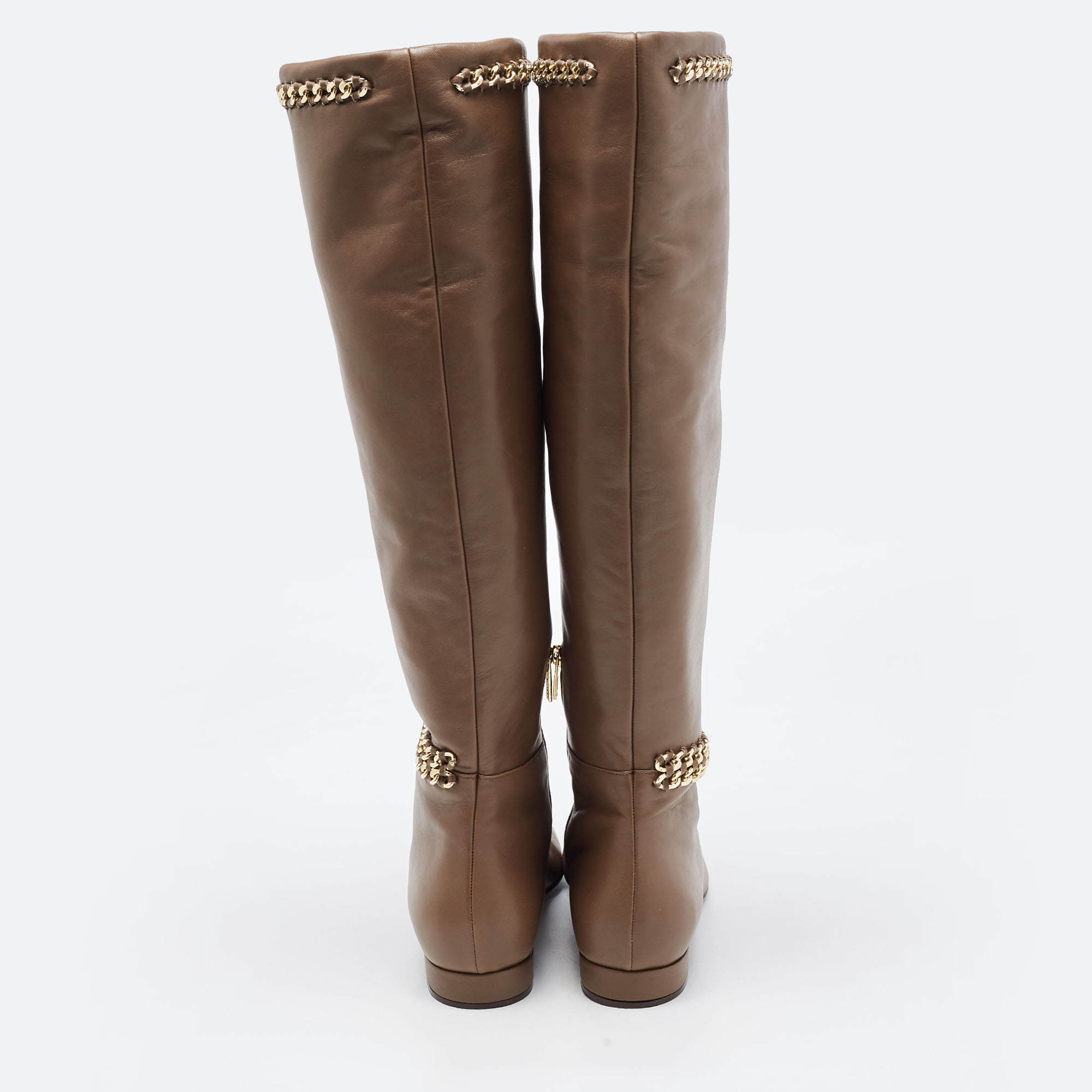 Le Silla Brown Leather Chain Detail Knee Length Boots Size 37.5