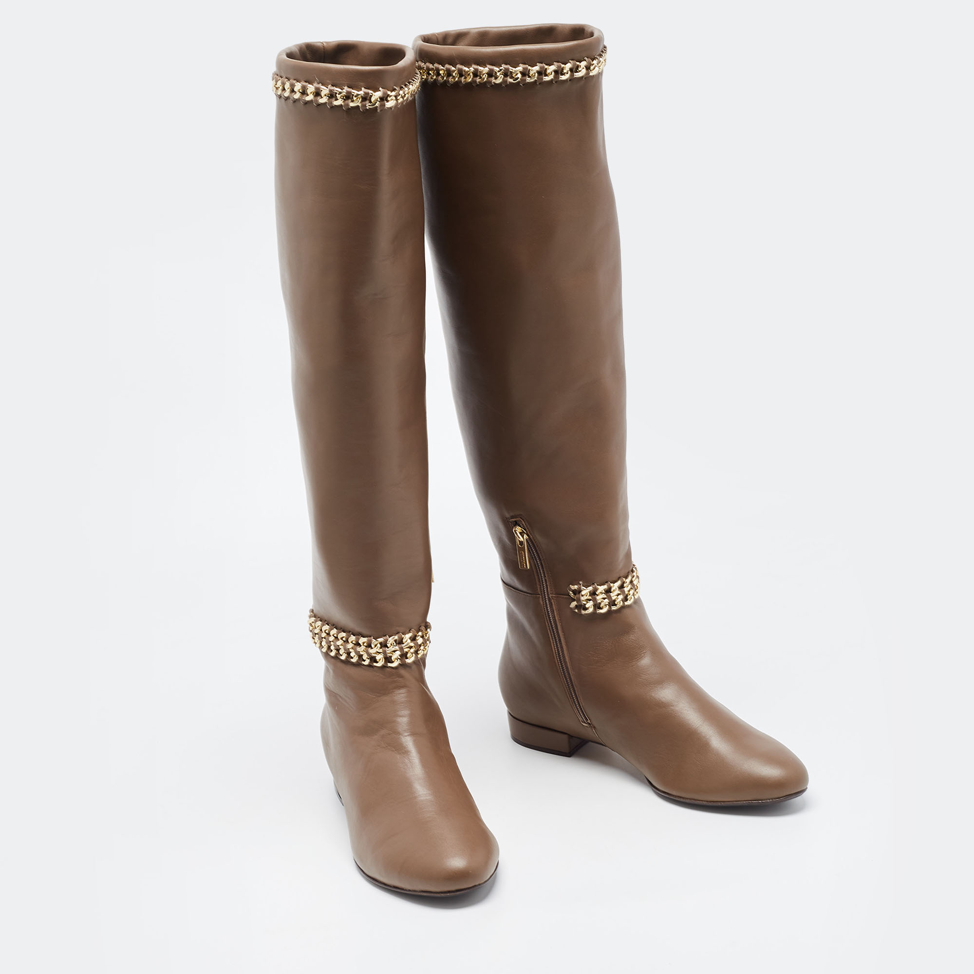 Le Silla Brown Leather Chain Detail Knee Length Boots Size 37.5