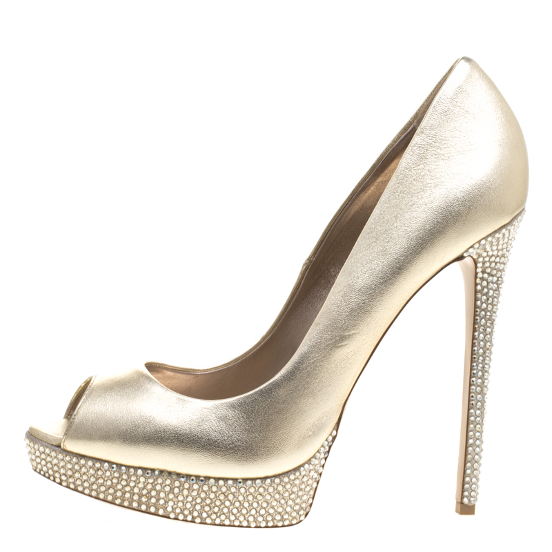 

Le Silla Gold Metallic Leather Crystal Embellished Platform Peep Toe Pumps Size