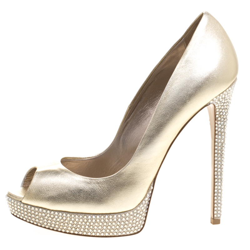 

Le Silla Gold Metallic Leather Crystal Embellished Platform Peep Toe Pumps Size