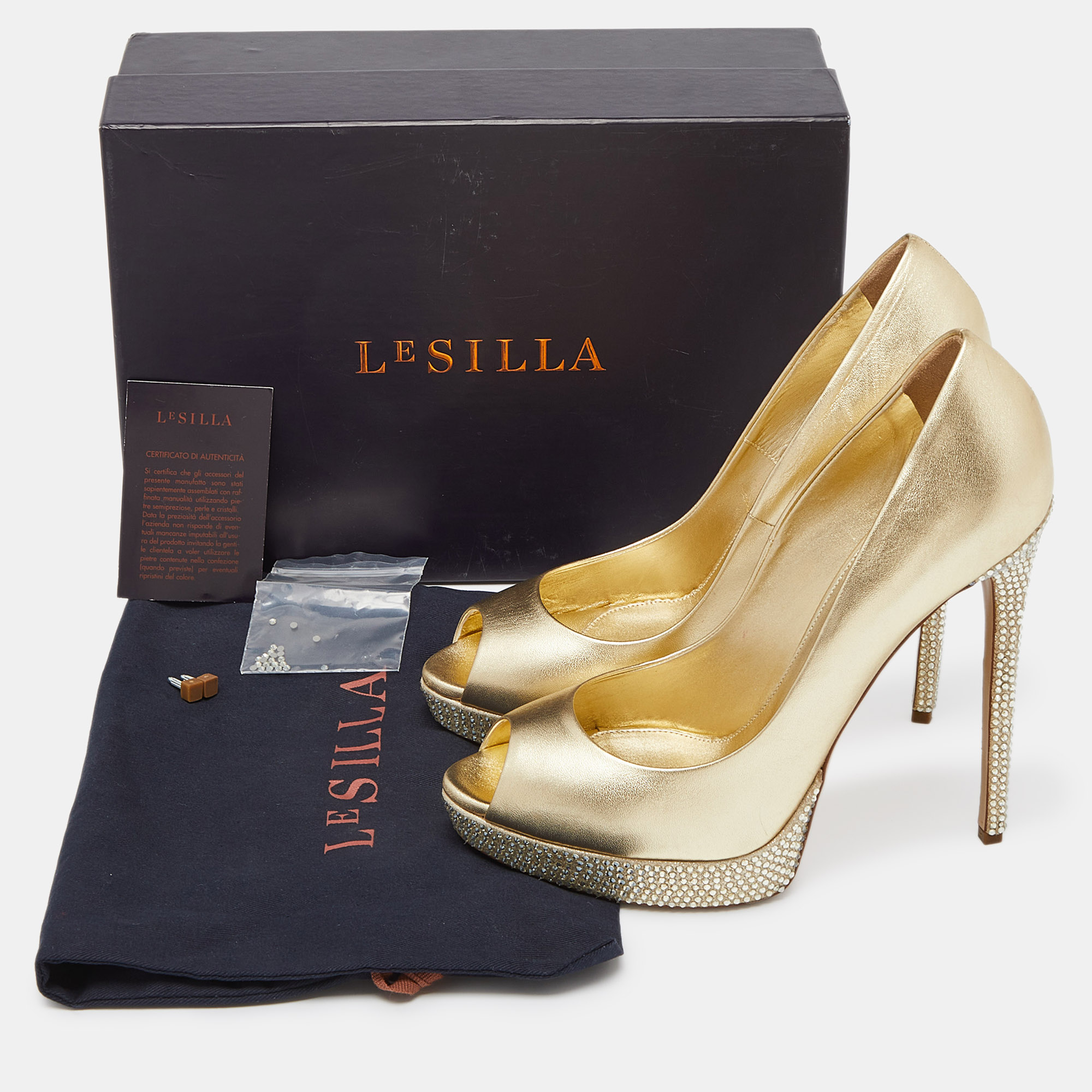 Le Silla Gold Leather Crystal Embellished Platform Peep Toe Pumps Size 40