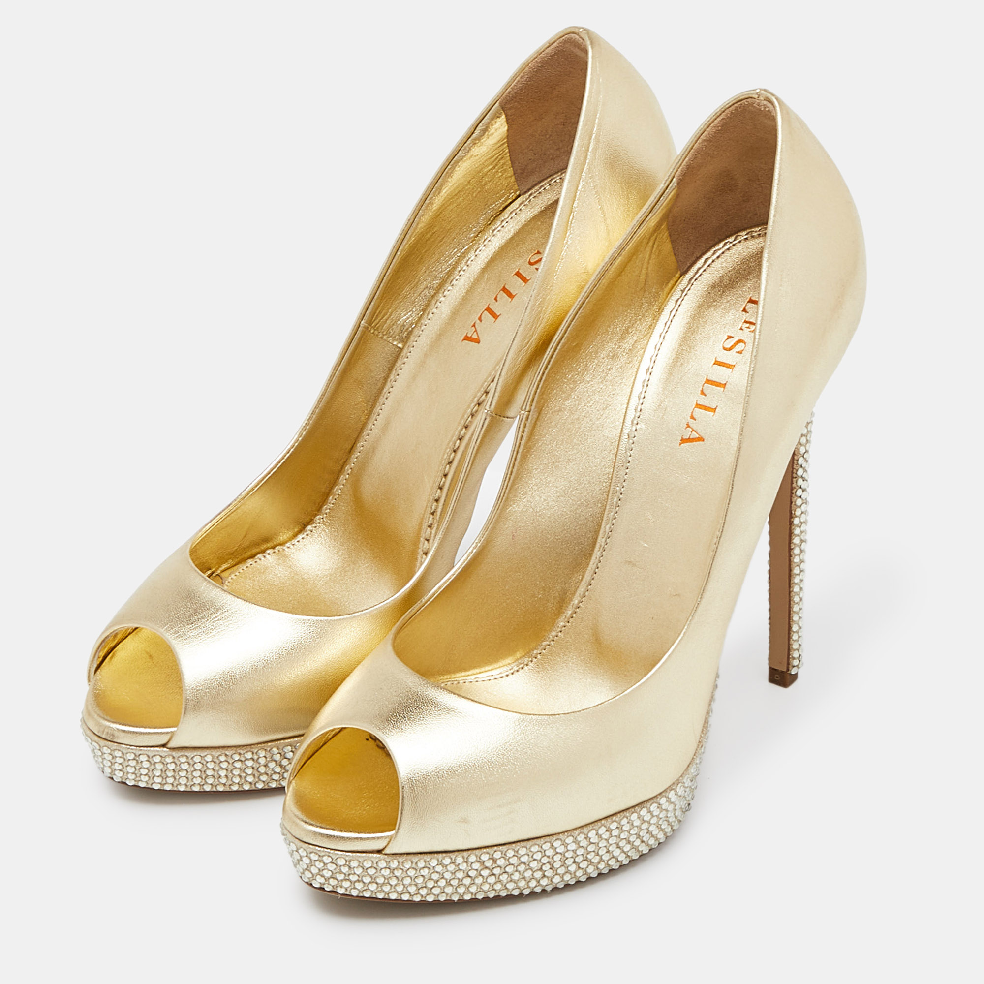 Le Silla Gold Leather Crystal Embellished Platform Peep Toe Pumps Size 40