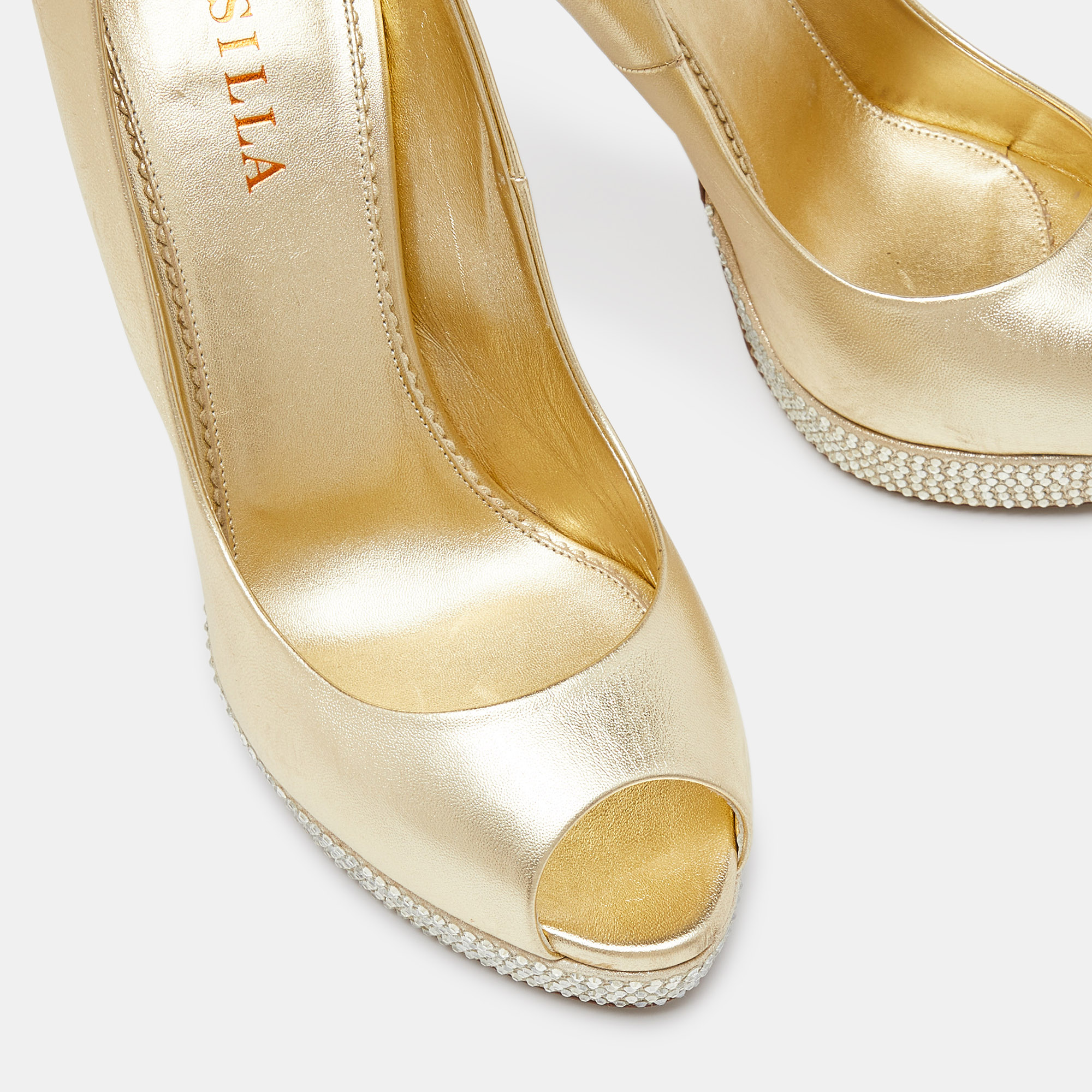 Le Silla Gold Leather Crystal Embellished Platform Peep Toe Pumps Size 40