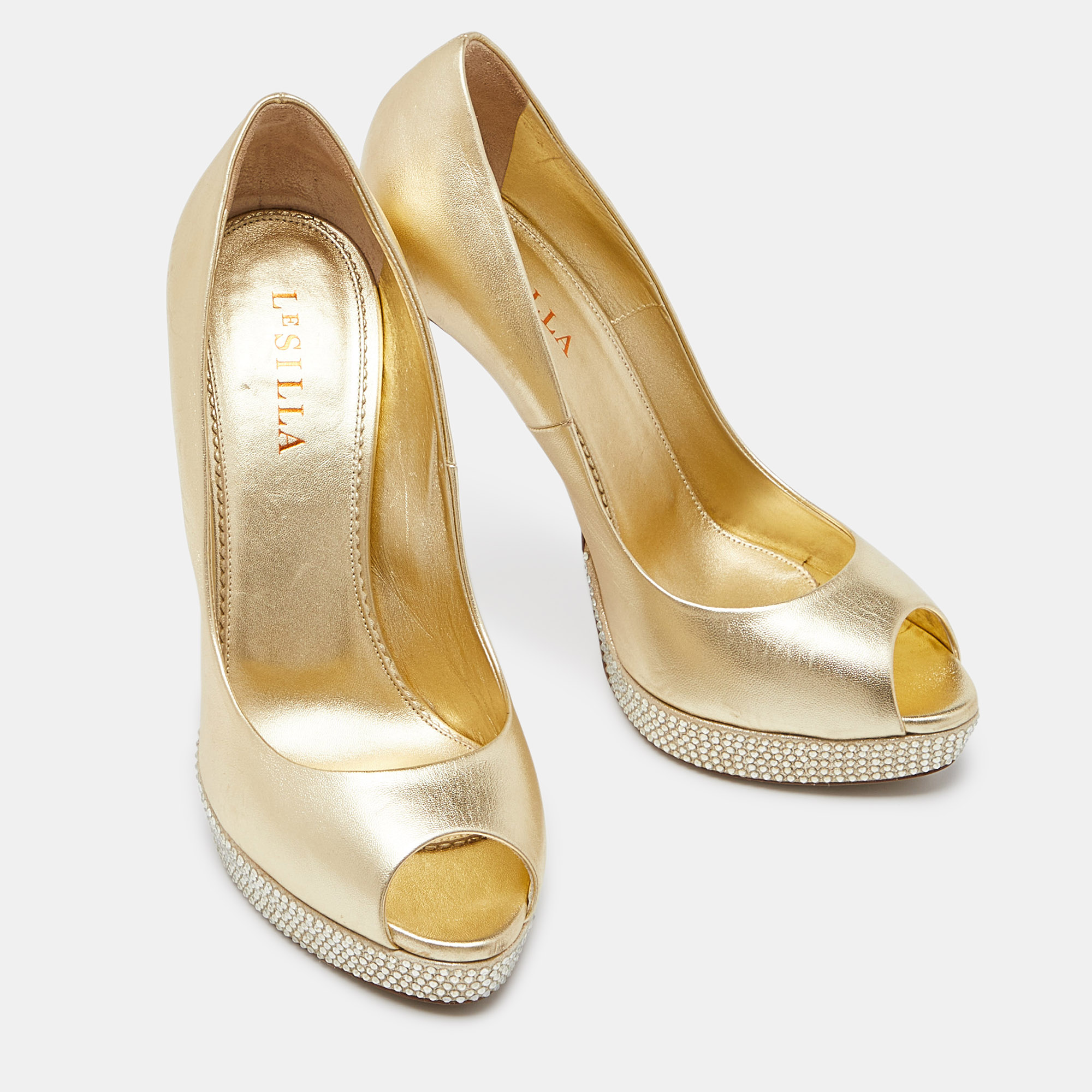 Le Silla Gold Leather Crystal Embellished Platform Peep Toe Pumps Size 40