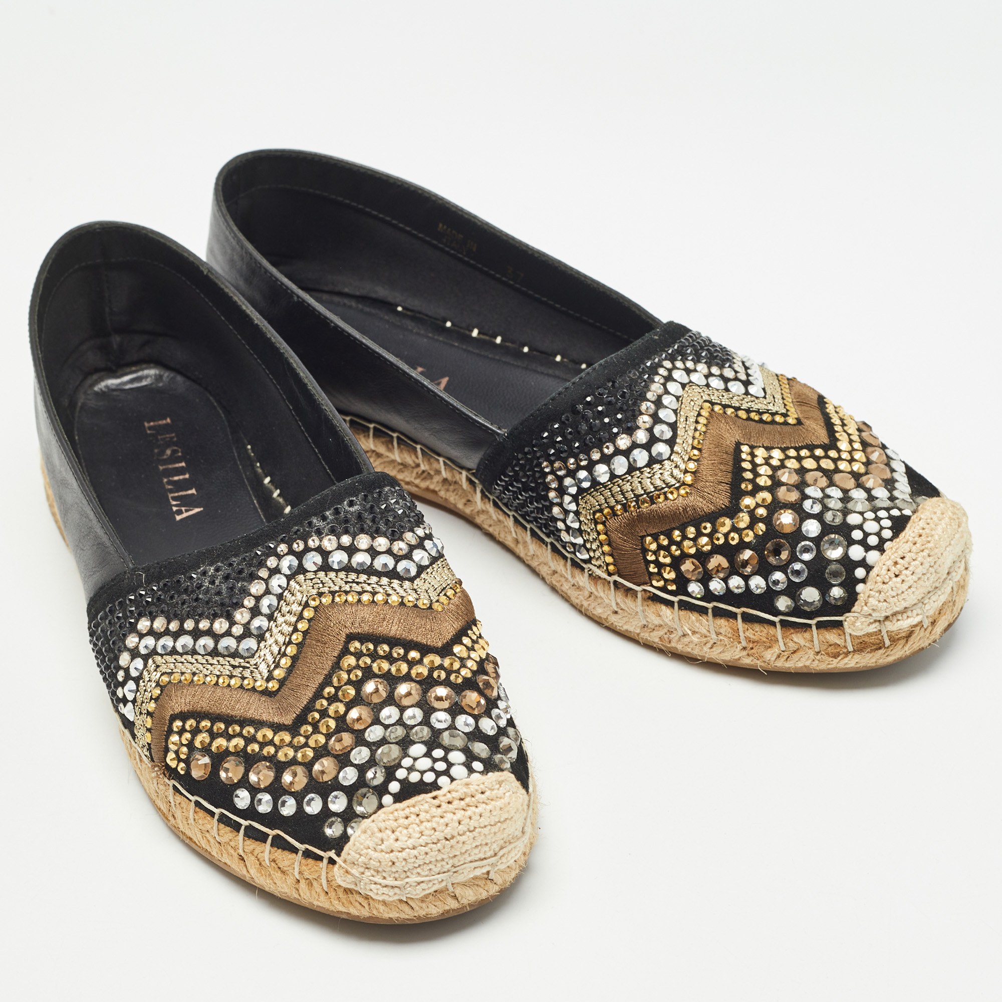 Le Silla Black Leather And Embellished Suede Espadrille Flats Size 37