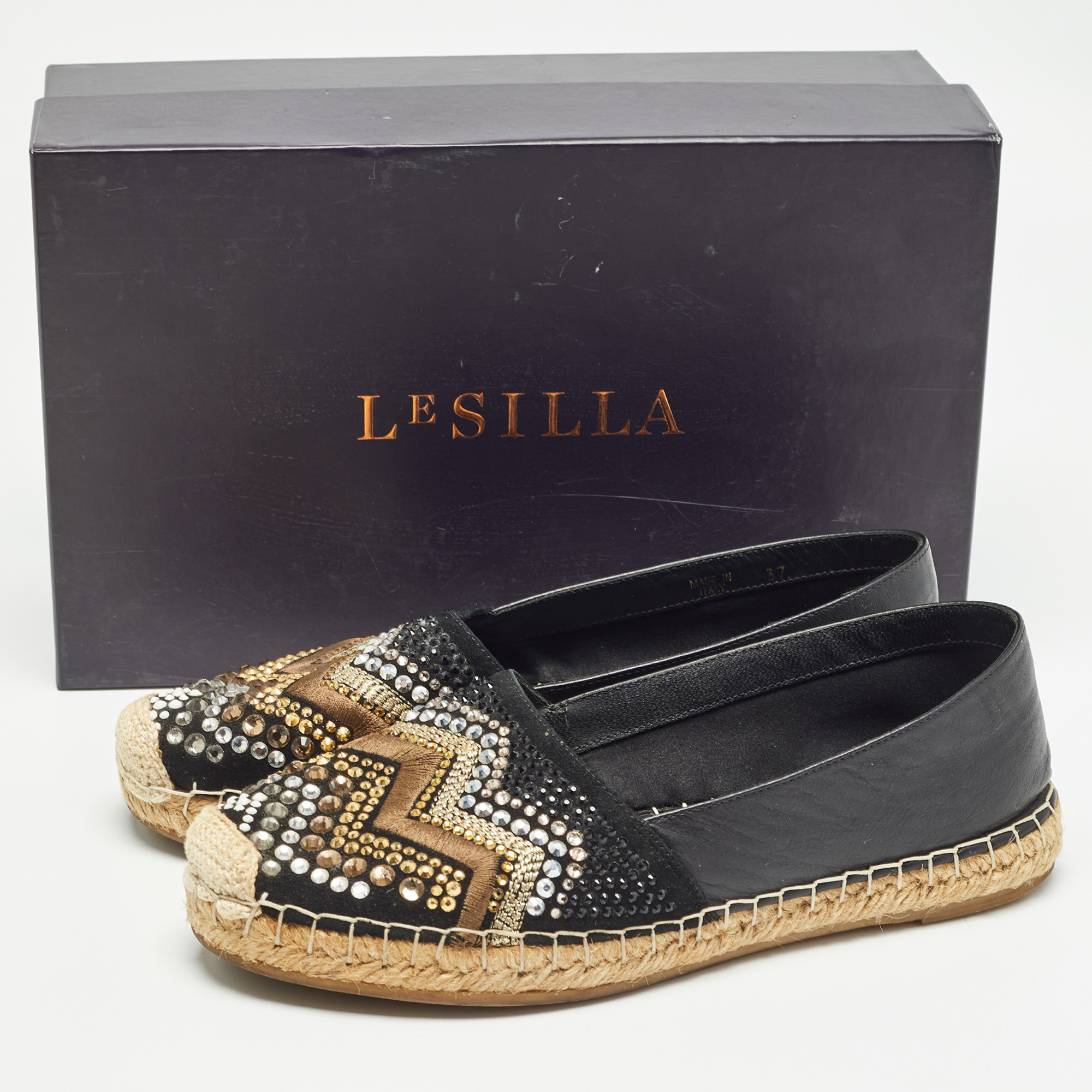 Le Silla Black Leather And Embellished Suede Espadrille Flats Size 37