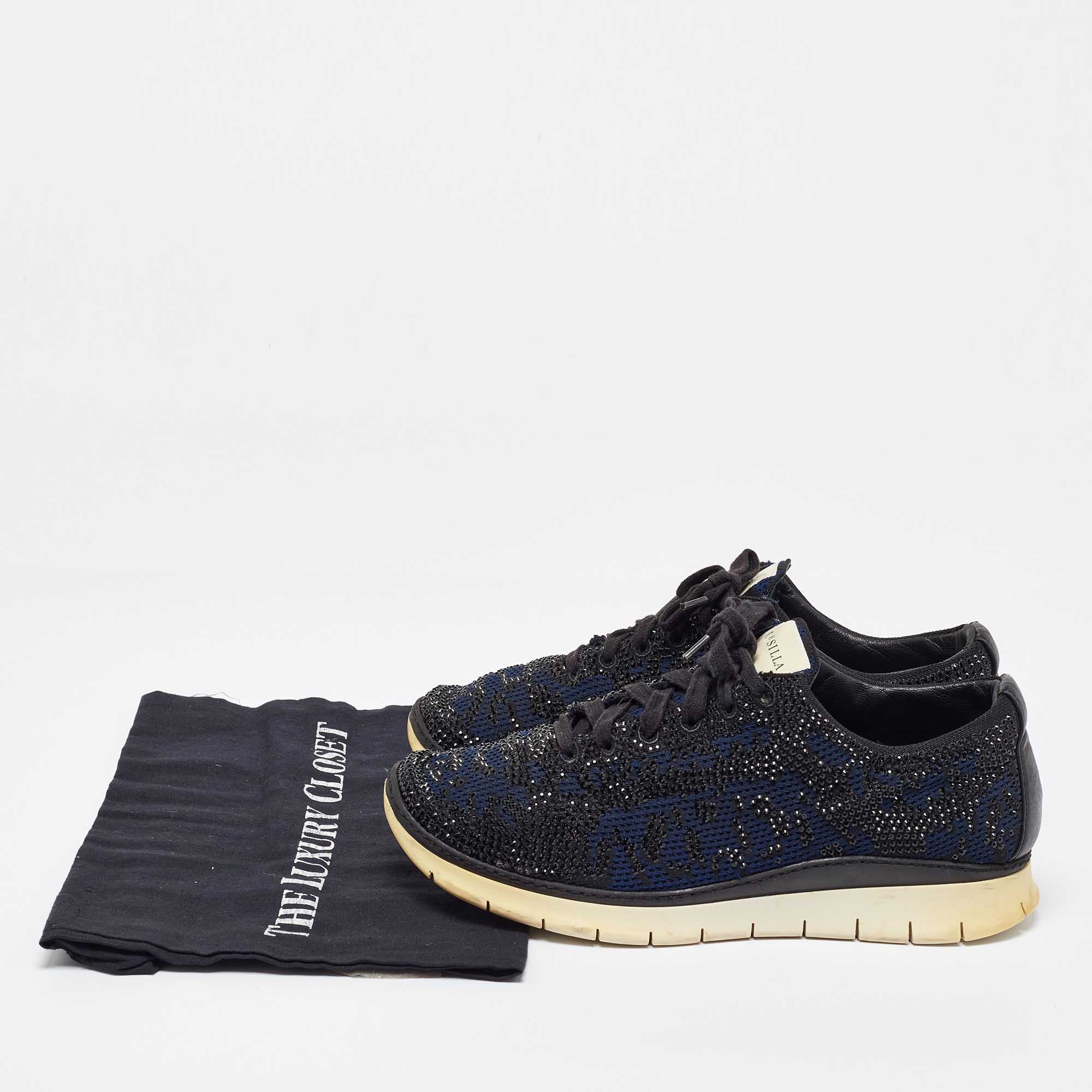 Le Silla Navy Blue/Black Knit Fabric And Leather Crystal Embellished Low Top Sneakers Size 42