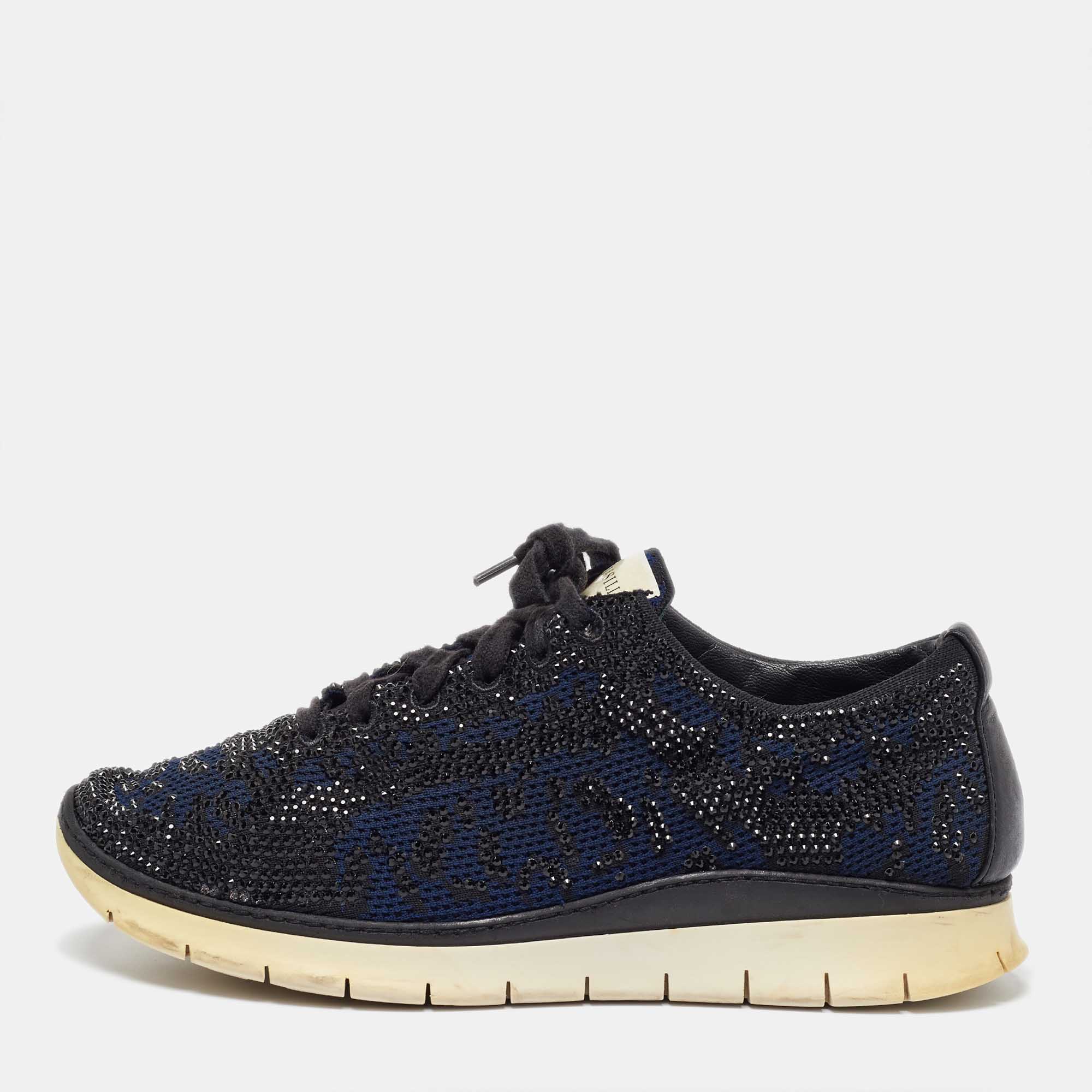 Le Silla Navy Blue/Black Knit Fabric And Leather Crystal Embellished Low Top Sneakers Size 42