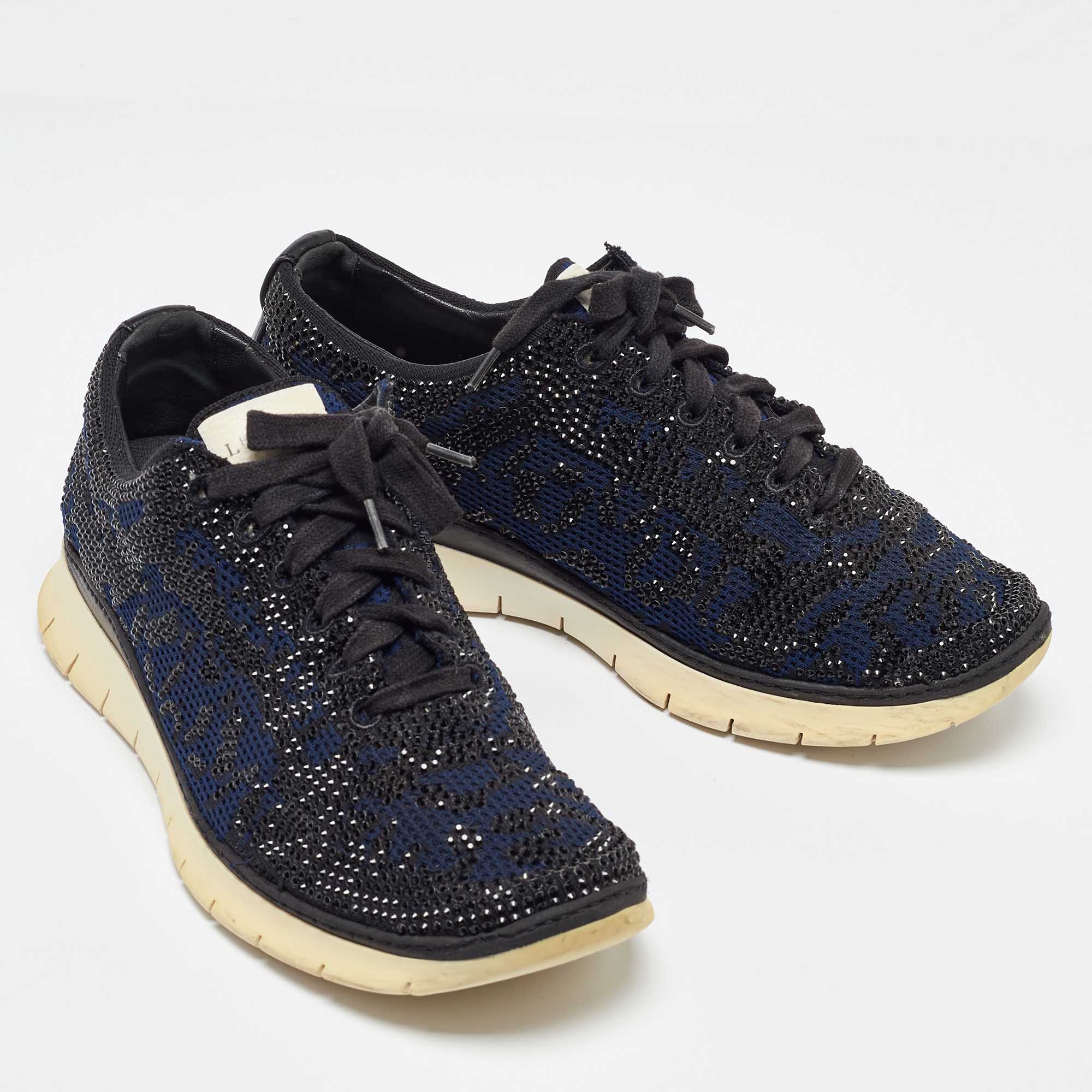 Le Silla Navy Blue/Black Knit Fabric And Leather Crystal Embellished Low Top Sneakers Size 42