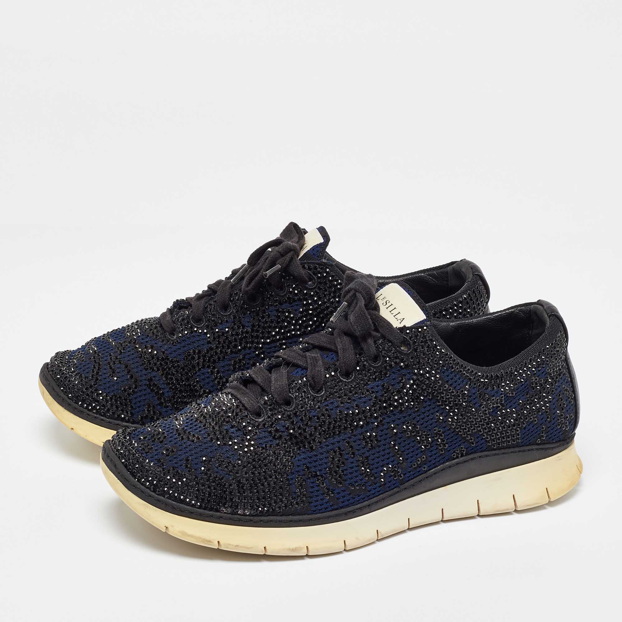 Le Silla Navy Blue/Black Knit Fabric And Leather Crystal Embellished Low Top Sneakers Size 42