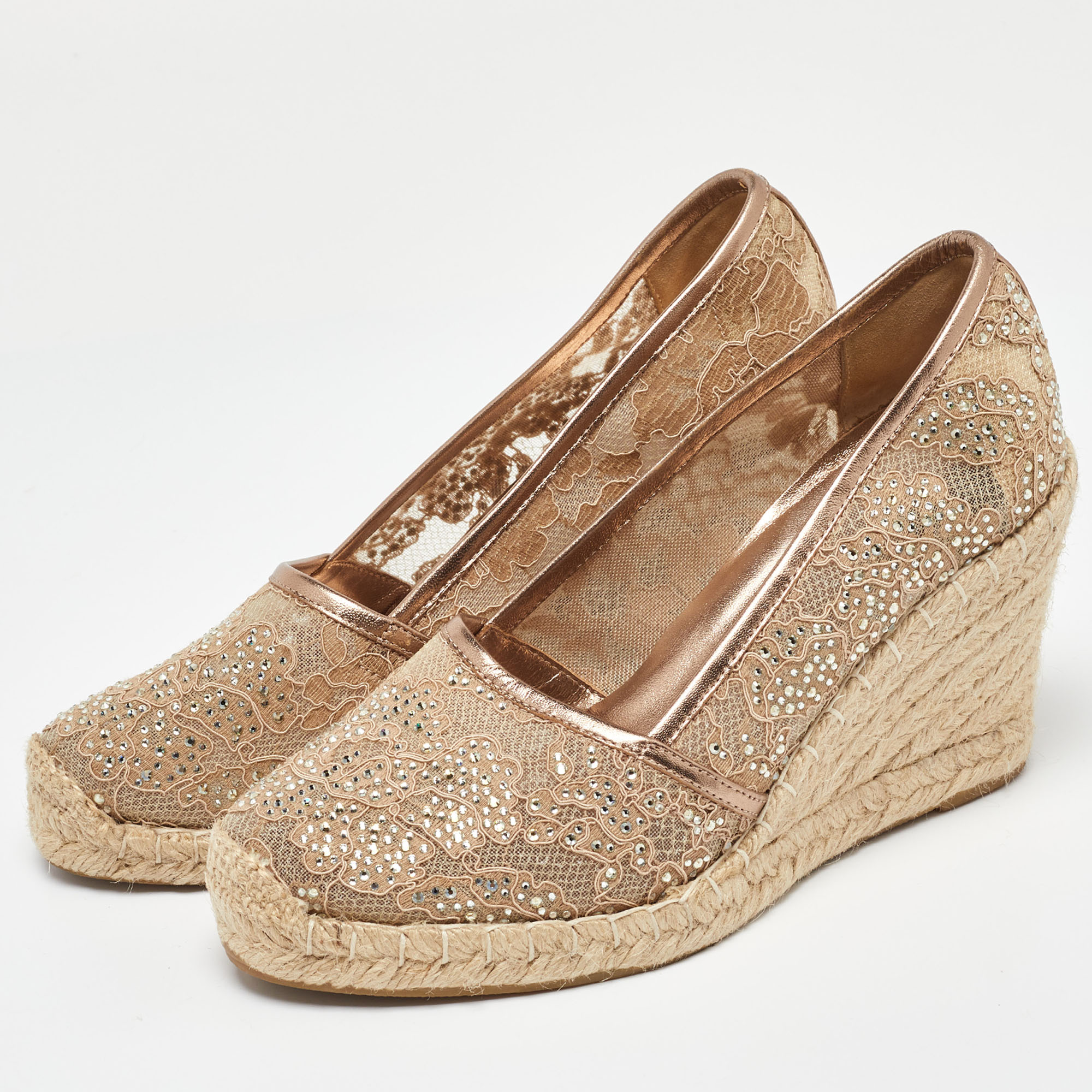 Le Silla Metallic Beige/Gold Lace And Leather Espadrille Wedge Pumps Size 37