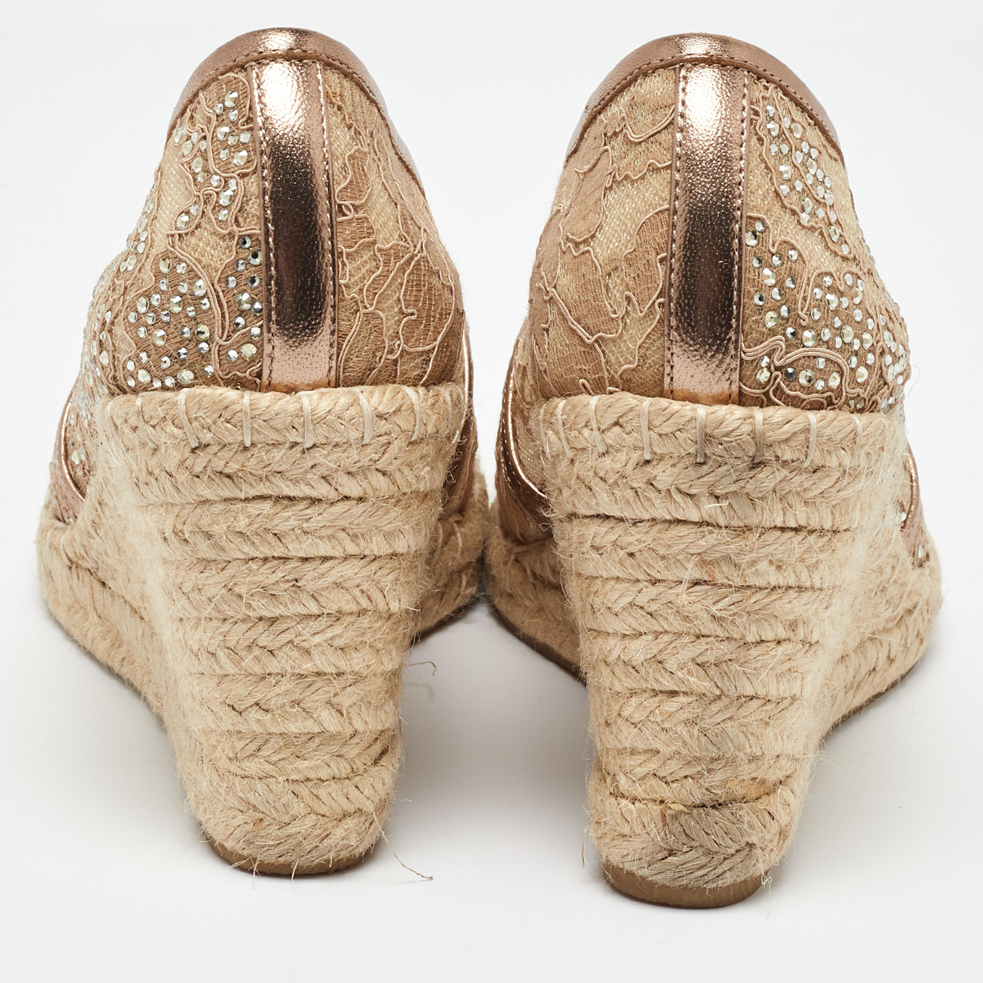 Le Silla Metallic Beige/Gold Lace And Leather Espadrille Wedge Pumps Size 37