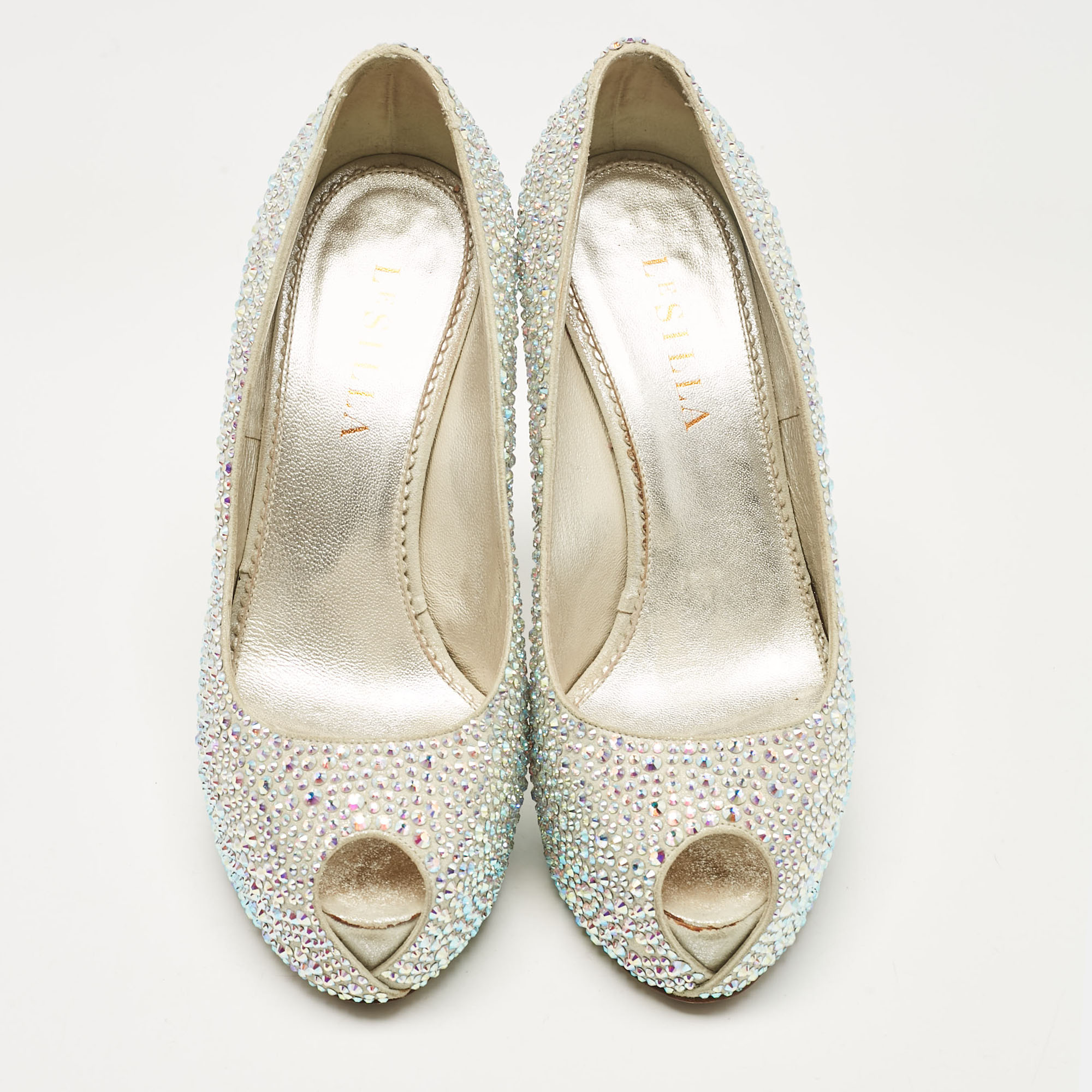 Le Silla Silver Crystal Embellished Suede Peep Toe Platform Pumps Size 37