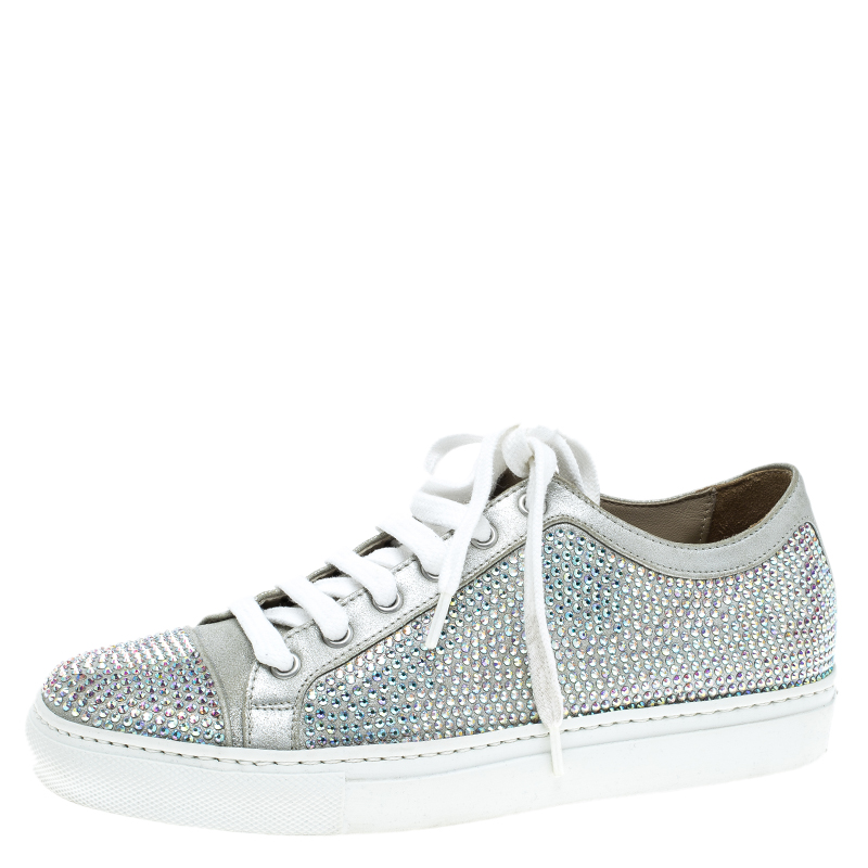 Le silla grey crystal embellished suede lace up sneakers size 36