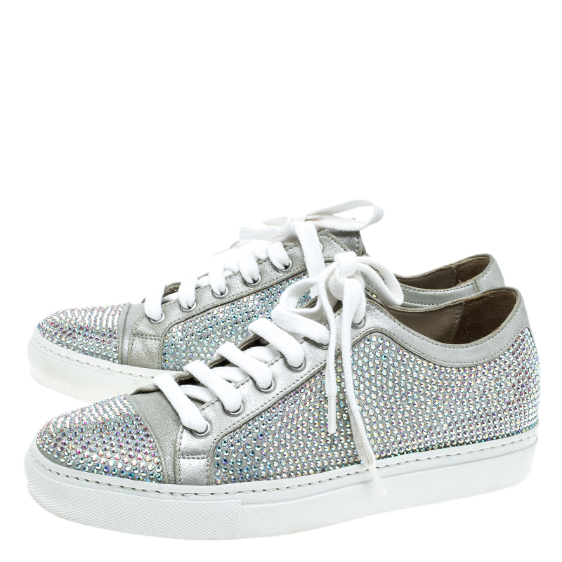 Le Silla Grey Crystal Embellished Suede Lace Up Sneakers Size 36