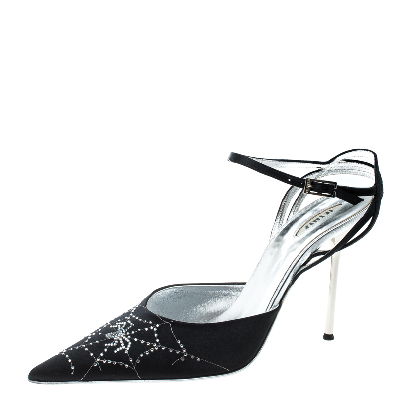 Image of Le Silla Black Satin Crystal Embellished Spider Pointed Toe Sandals Size