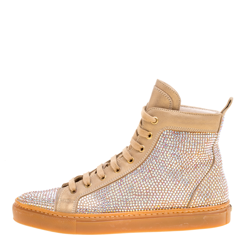 Le Silla Beige Crystal Embellished Leather High Top Sneakers Size 37