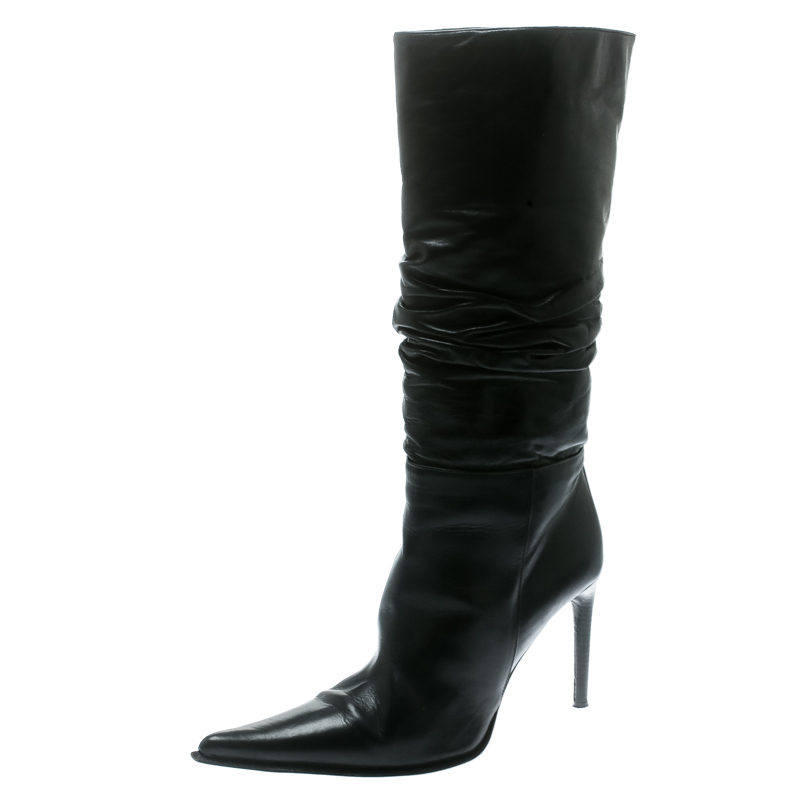 Le silla black leather rucched detail calf length pointed toe boots size 38