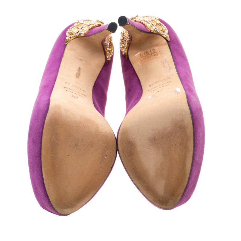 Enio Silla For Le Silla Purple Suede Open Toe Crystal Embellished Heel Platform Pumps Size 37