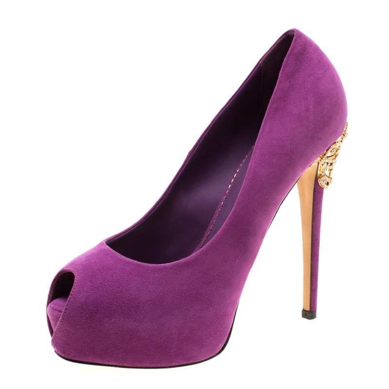 Enio silla for le silla purple suede open toe crystal embellished heel platform pumps size 37