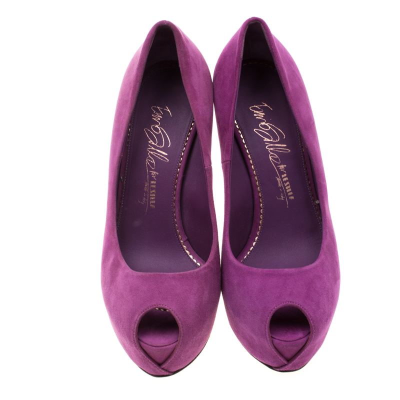 Enio Silla For Le Silla Purple Suede Open Toe Crystal Embellished Heel Platform Pumps Size 37