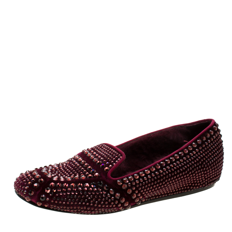 Image of Le Silla Burgundy Velvet Crystal Embellished Dixie Slip On Loafers Size