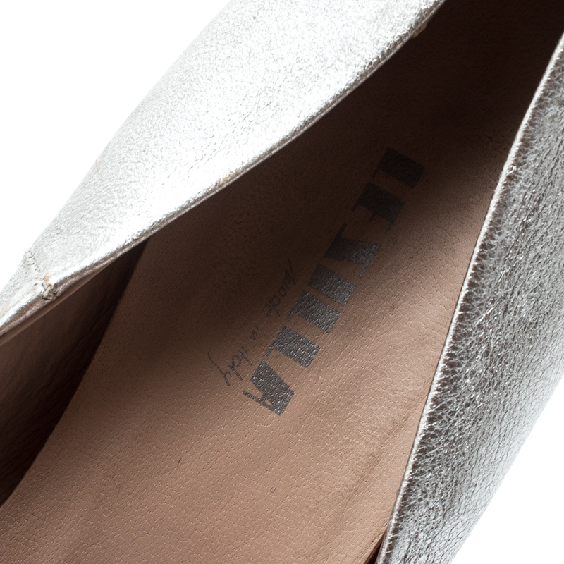 Le Silla Metallic Silver Leather Crystal Embellished Platform Peep Toe Pumps Size 38