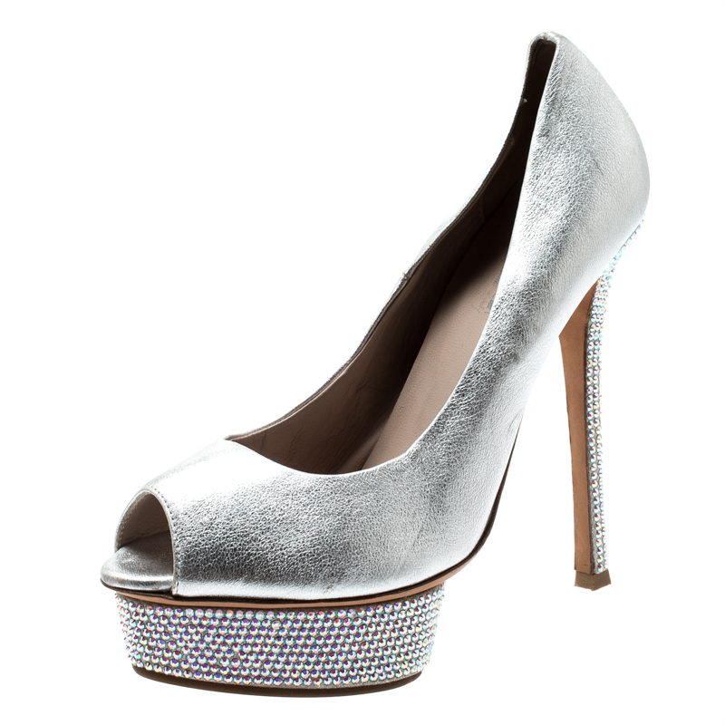 Le silla metallic silver leather crystal embellished platform peep toe pumps size 38